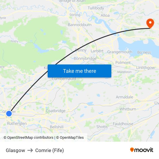 Glasgow to Comrie (Fife) map