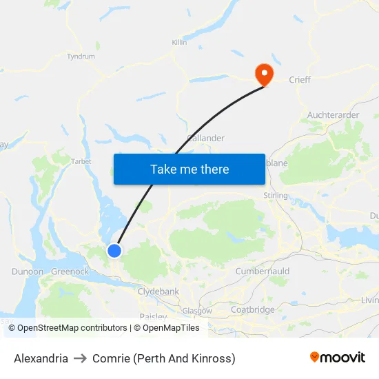 Alexandria to Comrie (Perth And Kinross) map