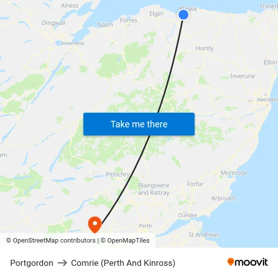 Portgordon to Comrie (Perth And Kinross) map