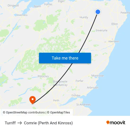 Turriff to Comrie (Perth And Kinross) map
