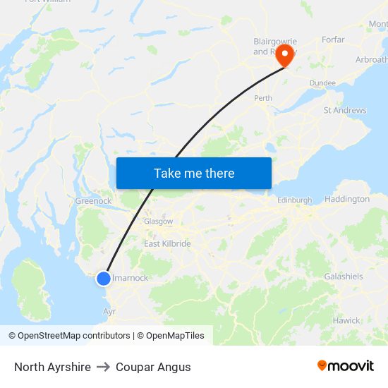 North Ayrshire to Coupar Angus map