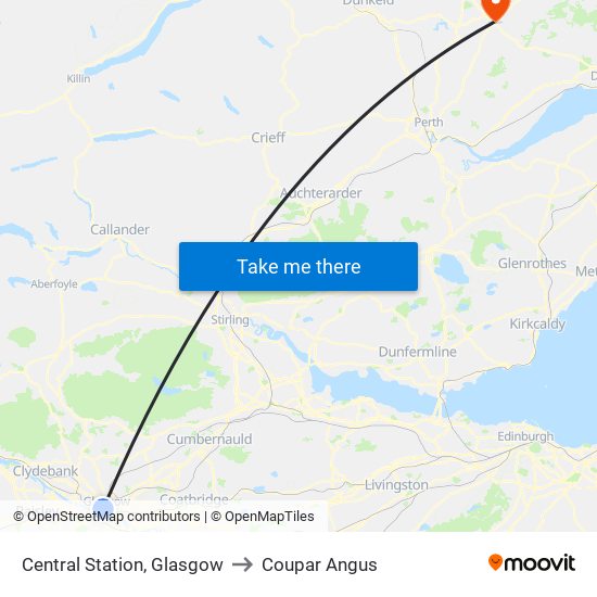 Central Station, Glasgow to Coupar Angus map