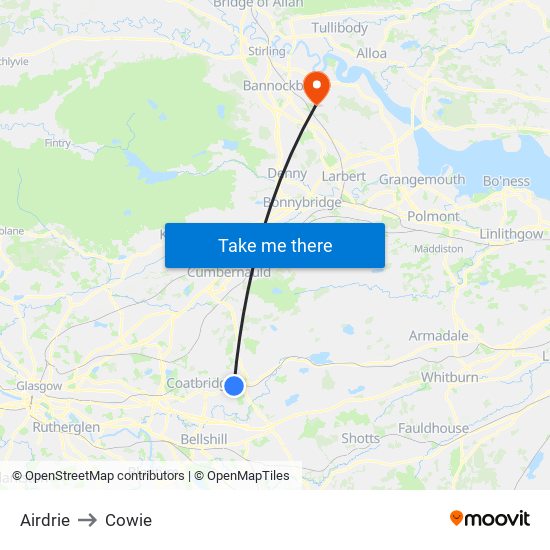 Airdrie to Cowie map