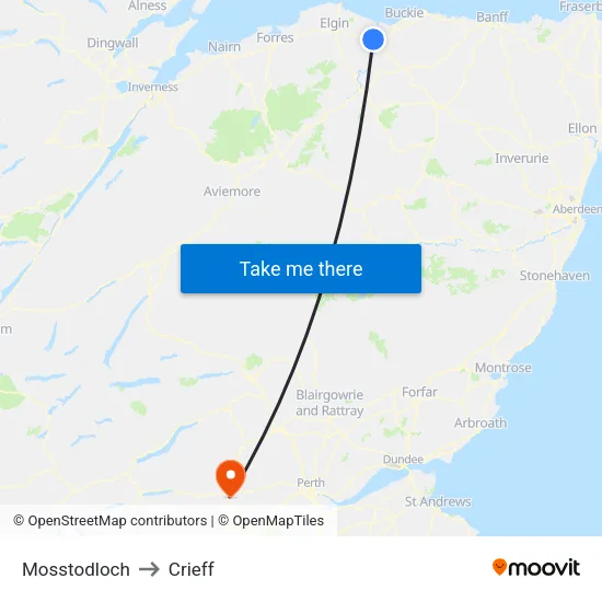 Mosstodloch to Crieff map