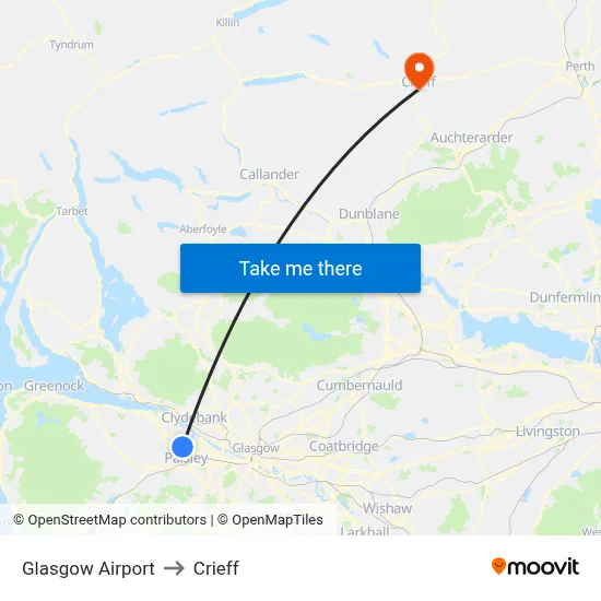 Glasgow Airport to Crieff map
