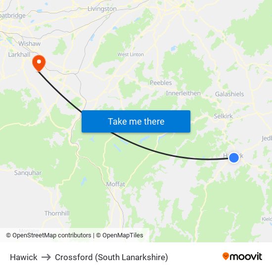 Hawick to Crossford (South Lanarkshire) map