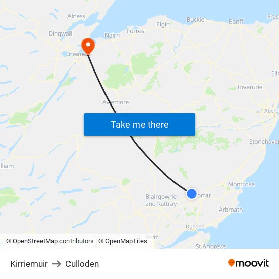 Kirriemuir to Culloden map