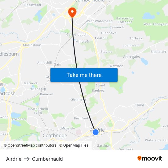 Airdrie to Cumbernauld map