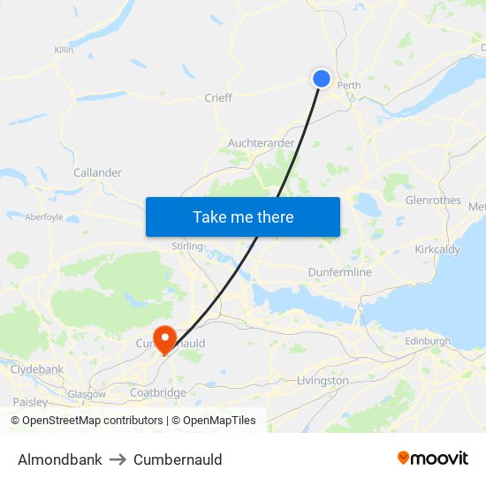 Almondbank to Cumbernauld map