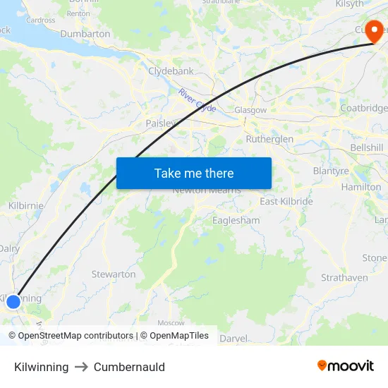 Kilwinning to Cumbernauld map