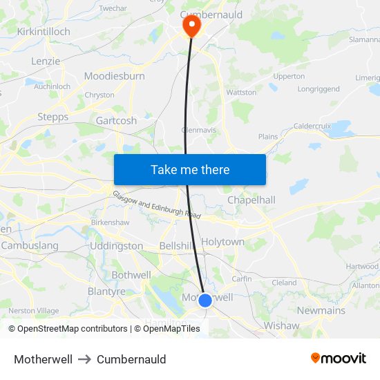 Motherwell to Cumbernauld map