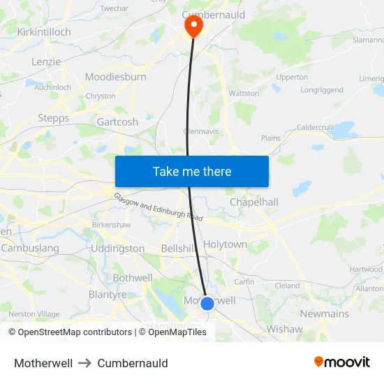 Motherwell to Cumbernauld map