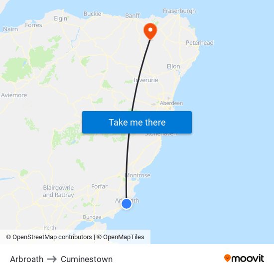 Arbroath to Cuminestown map