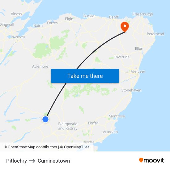 Pitlochry to Cuminestown map