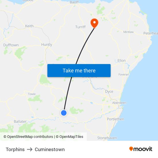 Torphins to Cuminestown map