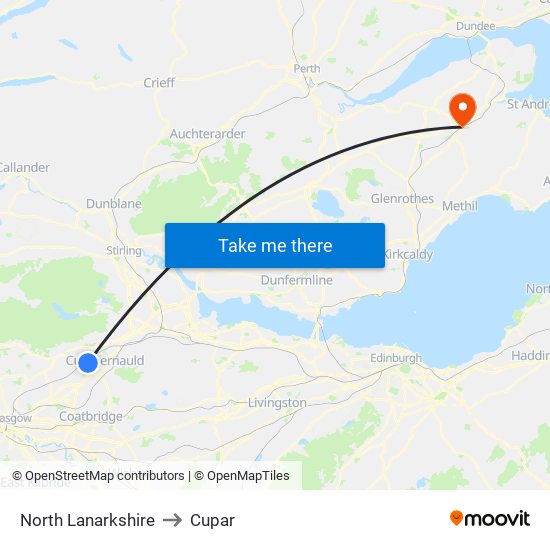 North Lanarkshire to Cupar map