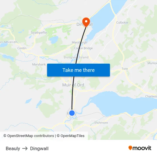 Beauly to Dingwall map