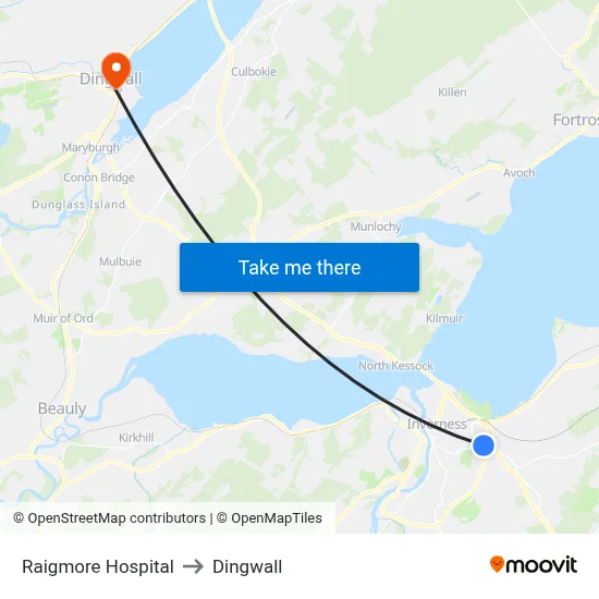 Raigmore Hospital to Dingwall map