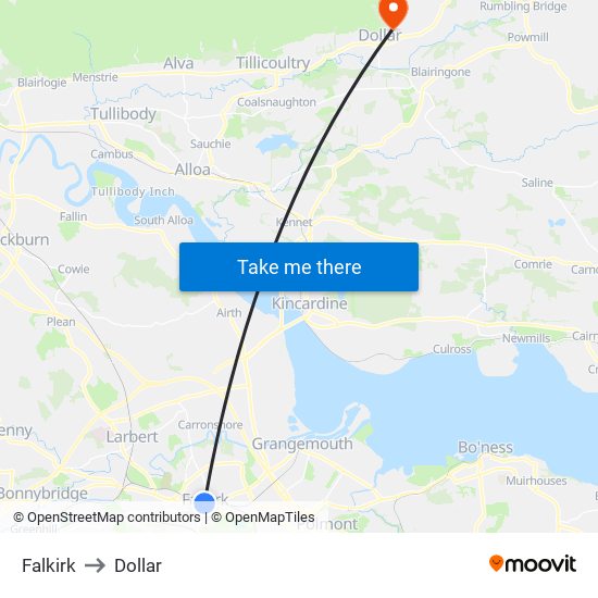 Falkirk to Dollar map