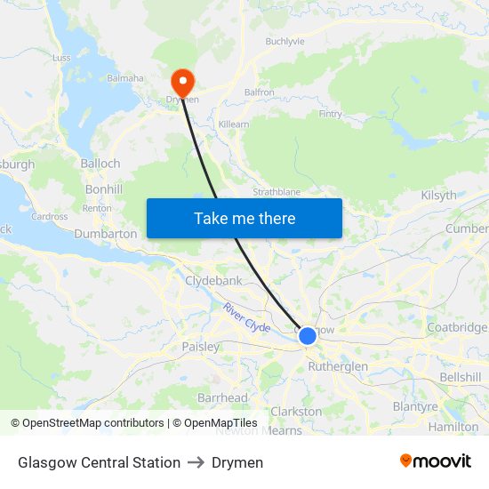 Glasgow Central Station to Drymen map