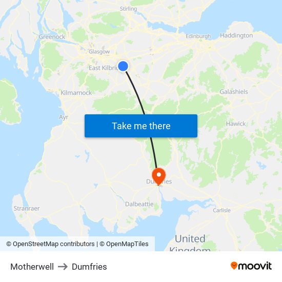 Motherwell to Dumfries map