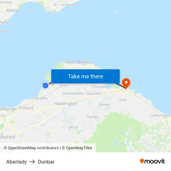 Aberlady to Dunbar map
