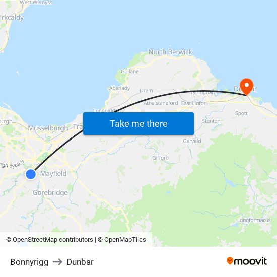 Bonnyrigg to Dunbar map