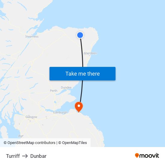 Turriff to Dunbar map