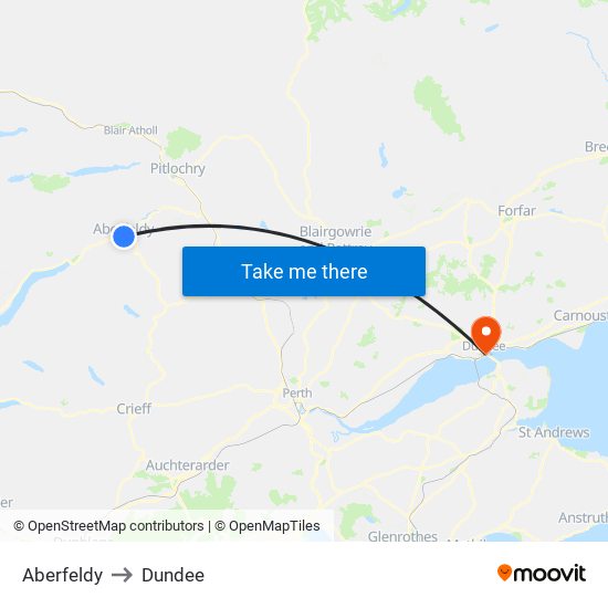 Aberfeldy to Dundee map