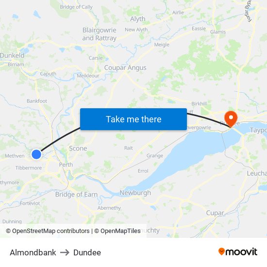 Almondbank to Dundee map