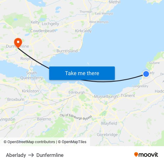 Aberlady to Dunfermline map