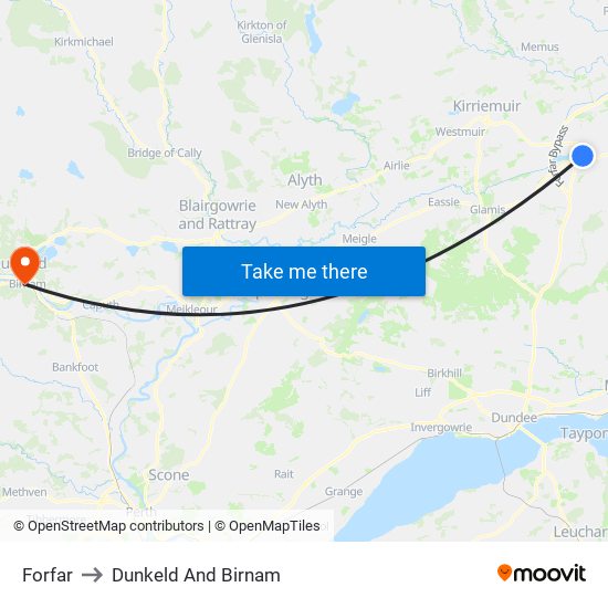 Forfar to Dunkeld And Birnam map