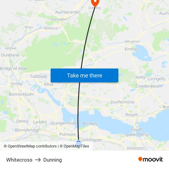 Whitecross to Dunning map