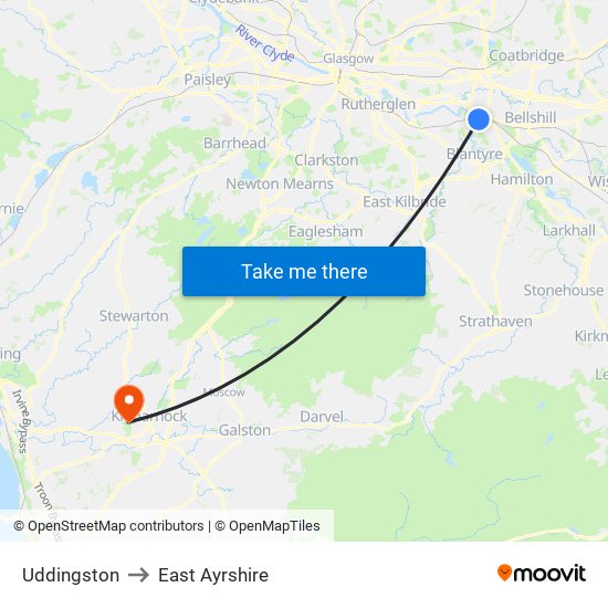 Uddingston to East Ayrshire map