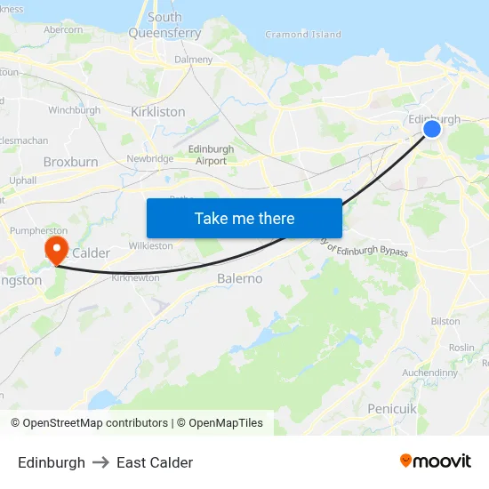 Edinburgh to East Calder map