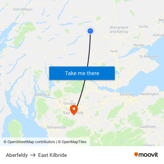Aberfeldy to East Kilbride map