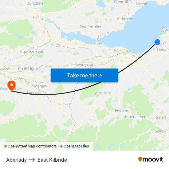 Aberlady to East Kilbride map