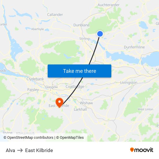 Alva to East Kilbride map