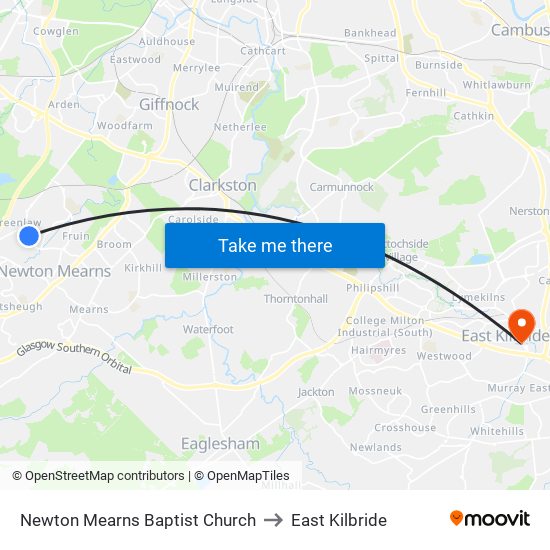 Newton Mearns Baptist Church to East Kilbride map
