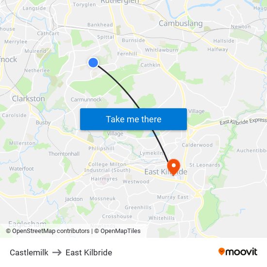 Castlemilk to East Kilbride map