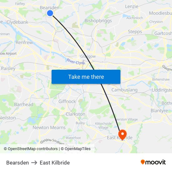 Bearsden to East Kilbride map