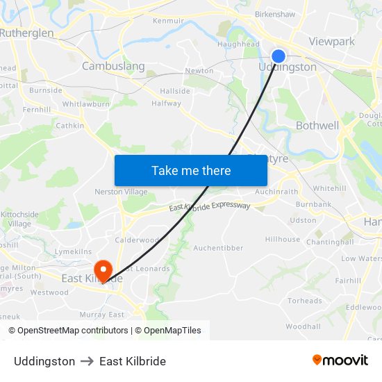 Uddingston to East Kilbride map