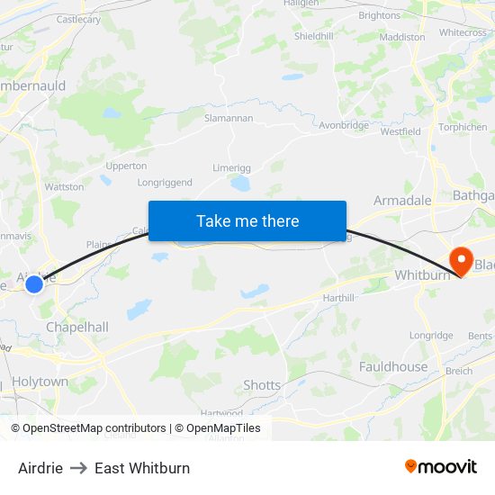 Airdrie to East Whitburn map