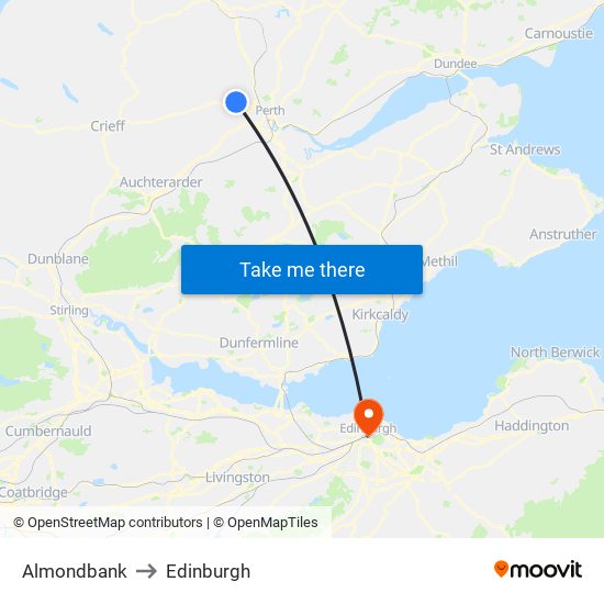 Almondbank to Edinburgh map