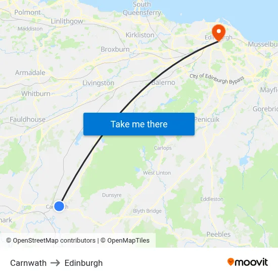 Carnwath to Edinburgh map