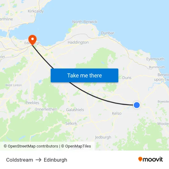 Coldstream to Edinburgh map