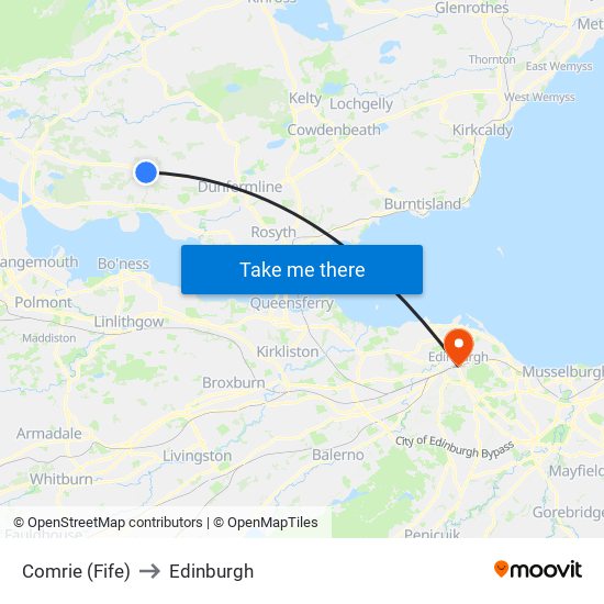 Comrie (Fife) to Edinburgh map