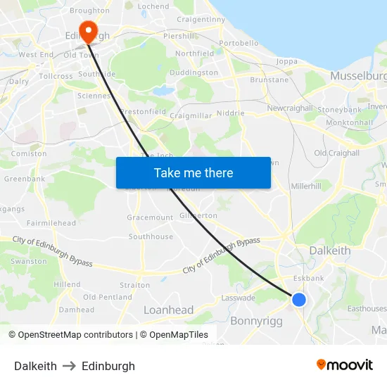 Dalkeith to Edinburgh map