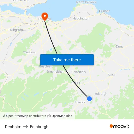 Denholm to Edinburgh map