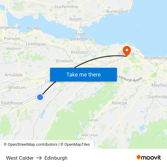 West Calder to Edinburgh map